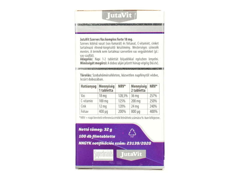 JutaVit Szerves Vas-komplex Forte 18mg 100db
