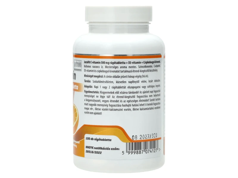 JutaVit C-vitamin 500mg + D3 vitamin + Csipkebogyó kivonat rágótabletta 100db