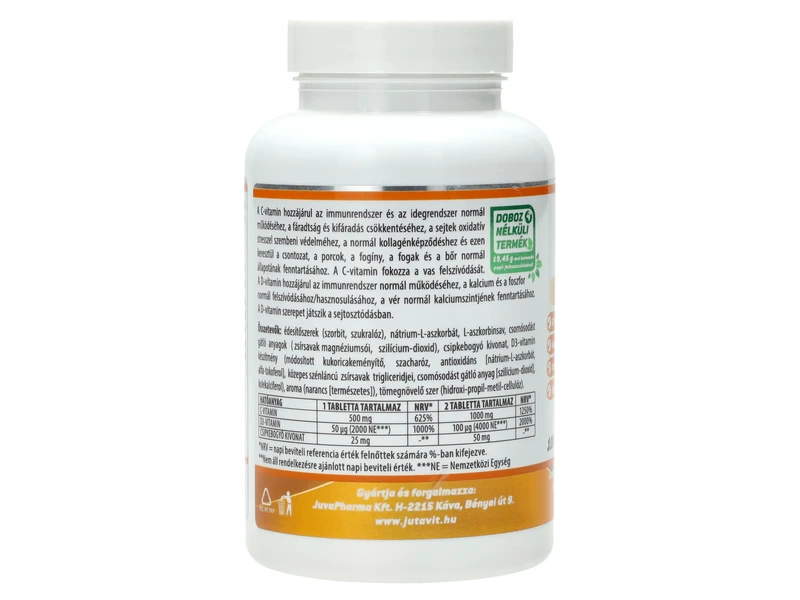 JutaVit C-vitamin 500mg + D3 vitamin + Csipkebogyó kivonat rágótabletta 100db