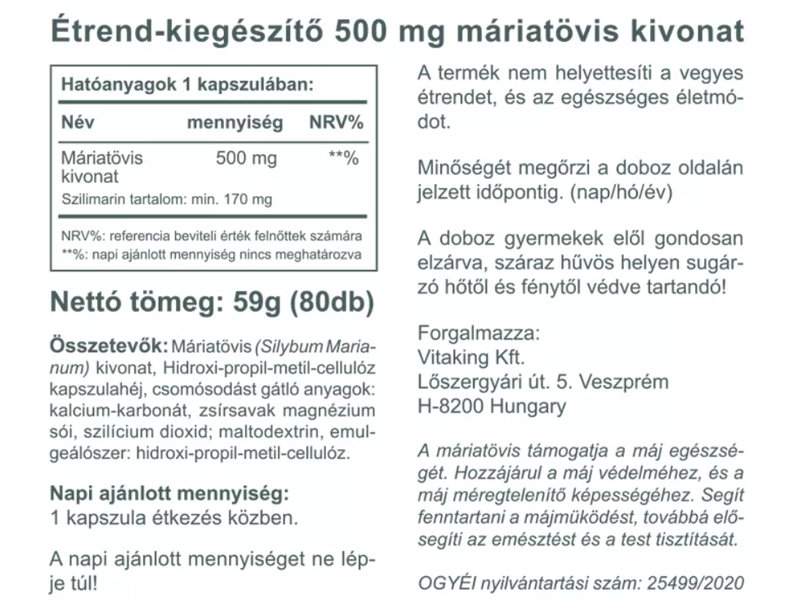 VK Máriatövis Milk Thistle Extract 80db 500mg