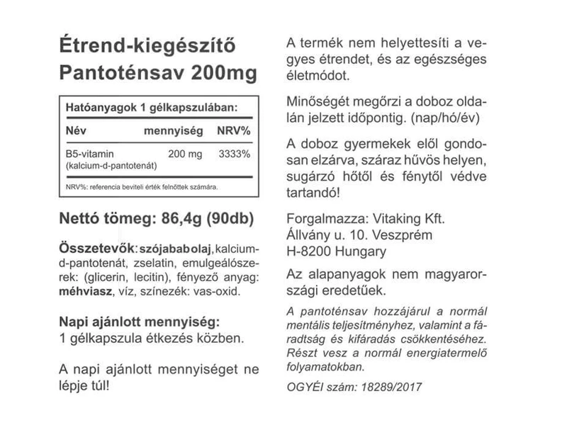 Vitaking B5-vitamin Pantoténsav 200mg gélkapszula 90db