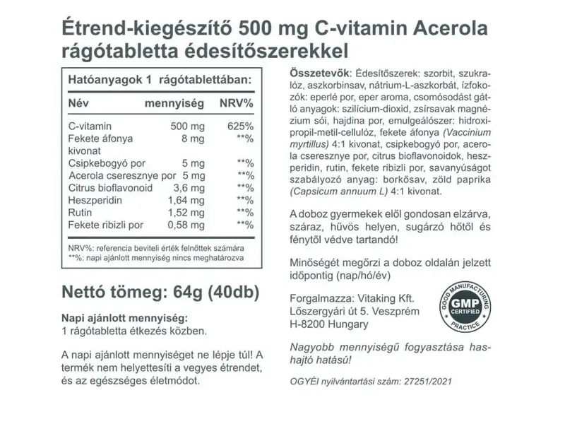 Vitaking Acerola C-500 Epres 40db