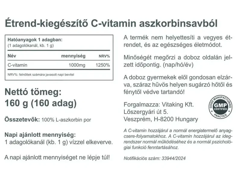 Vitaking Aszkorbinsav C-vitamin 160 g