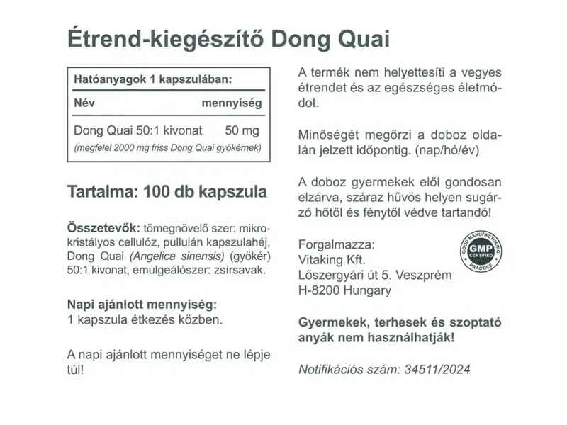 Vitaking Dong Quai Kínai Angyalgyökér 2000 mg kapszula 100 db