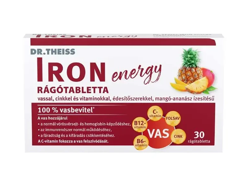 Dr. Theiss IRON energy rágótabletta mangó-ananász ízű 30 db