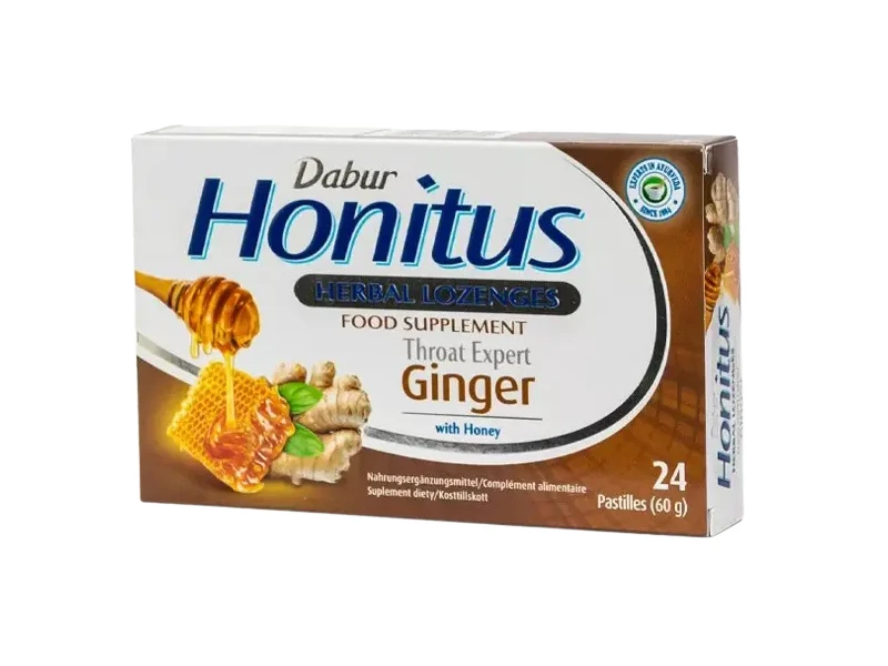 Dabur Honitus Ginger gyógynövényes étrend-kiegészítő szopogató tabletta (gyömbér ízű) 24 db