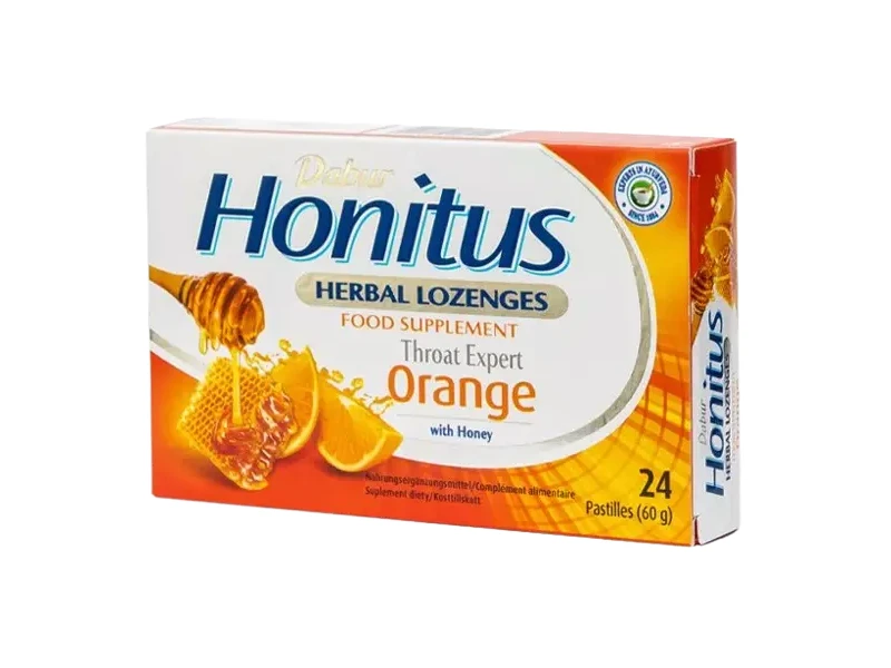 Dabur Honitus Orange gyógynövényes étrend-kiegészítő szopogató tabletta (narancs ízű) 24 db