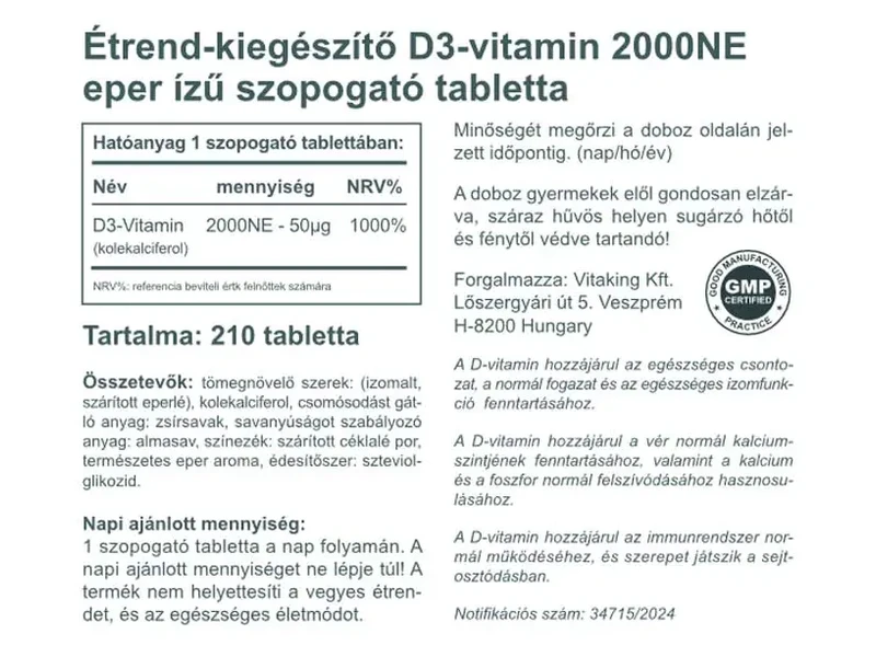 Vitaking D3-vitamin 2000 NE eper ízű rágótabletta 210 db