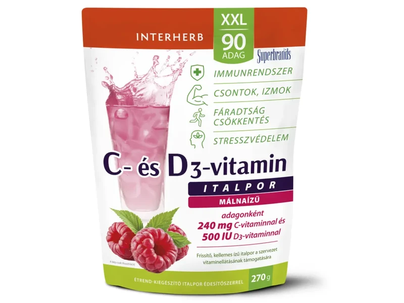 Interherb XXL 90 adag C+D3-vitamin Málna ízű italpor 270 g