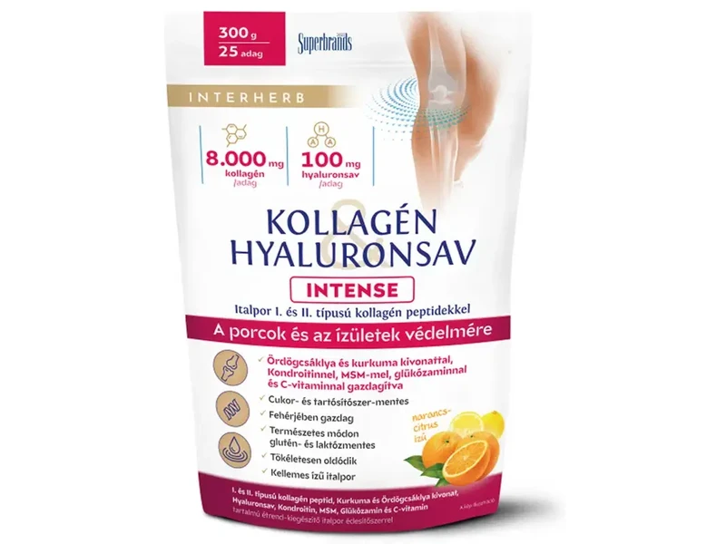 Interherb Kollagén&Hyaluronsav Porcépítő italpor Intense nádcukorral,Narancs ízű 360 g