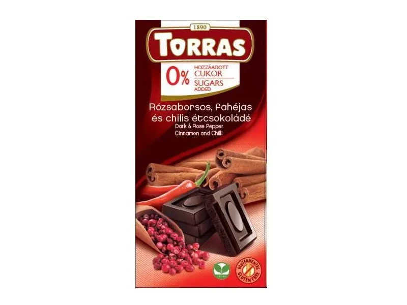 Torras Rózsaborsos, fahéjas és chilis étcsokoládé hozzáadott cukor nélkül 75g
