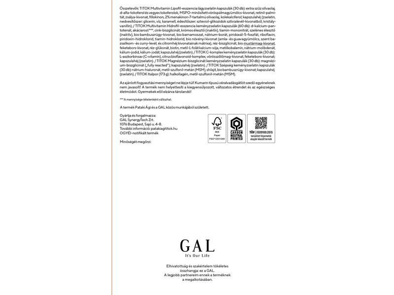 GAL TITOK Multivitamin és Halkollagén Peptidek + MSM 127g