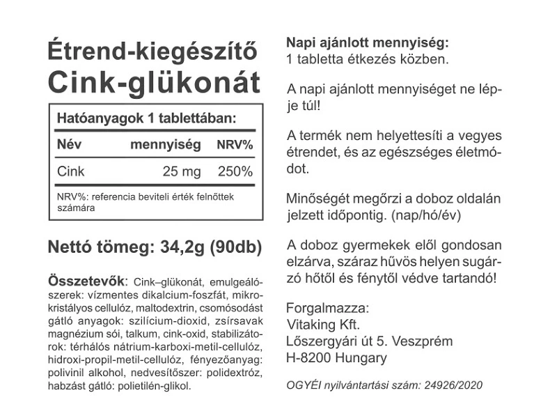 Vitaking Cink Gluconate 25 mg 90 db