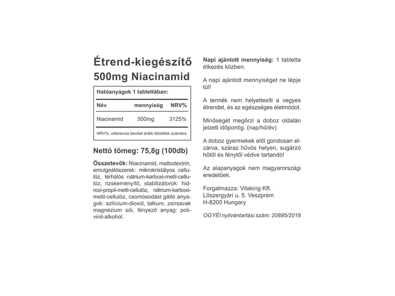 Vitaking Niacinamid 500mg tabletta 100db