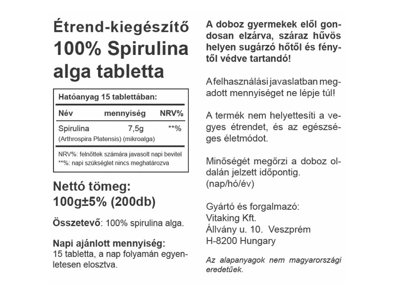Spirulina 500 mg 200 db (Vitaking)